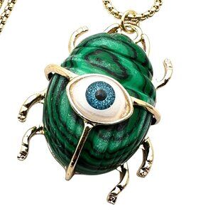 Evil Eye Necklace Green Malachite Gemstone Scarab Beetle Pendant Gold Plated